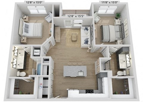 Floor plan for 2 beds, 2 baths, 1084 sqft