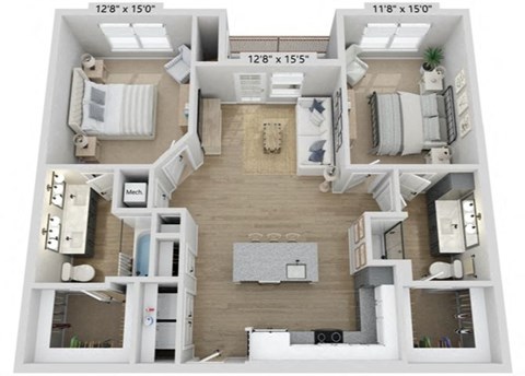 Floor plan for 2 beds, 2 baths, 1084 sqft