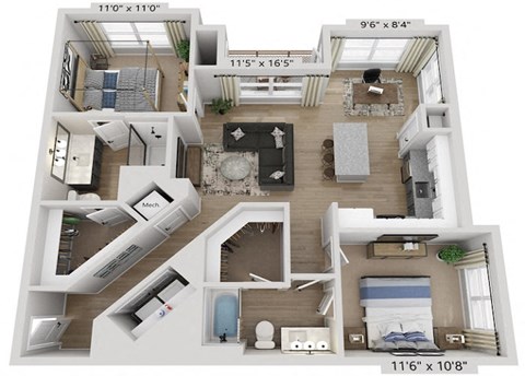 Floor plan for 2 beds, 2 baths, 1095 sqft