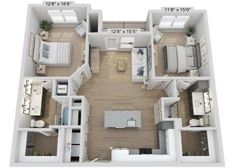 Floor plan for 2 beds, 2 baths, 1103 sqft