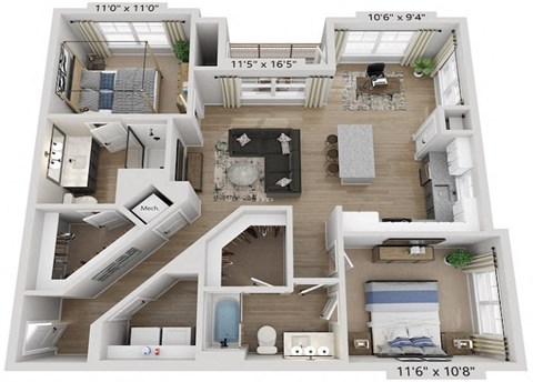 Floor plan for 2 beds, 2 baths, 1128 sqft