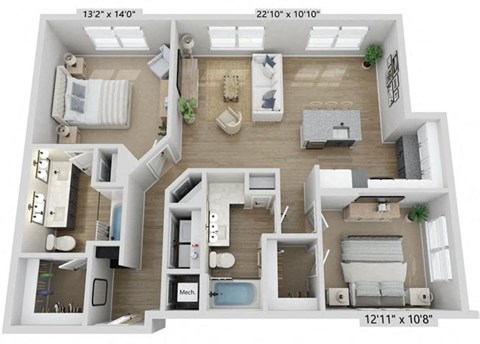 Floor plan for 2 beds, 2 baths, 1176 sqft