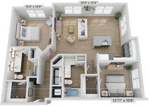 Floor plan for 2 beds, 2 baths, 1225 sqft