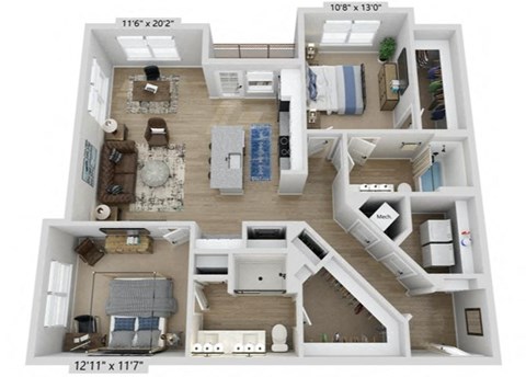 Floor plan for 2 beds, 2 baths, 1279 sqft