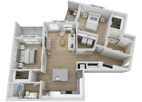 Floor plan for 2 beds, 2 baths, 1299 sqft