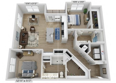 Floor plan for 2 beds, 2 baths, 1313 sqft