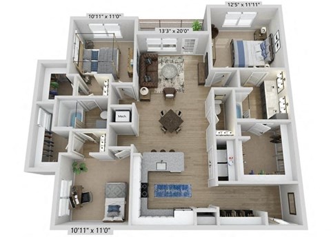 Floor plan for 3 beds, 2.5 baths, 1464 sqft