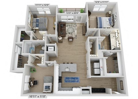 Floor plan for 3 beds, 2.5 baths, 1485 sqft