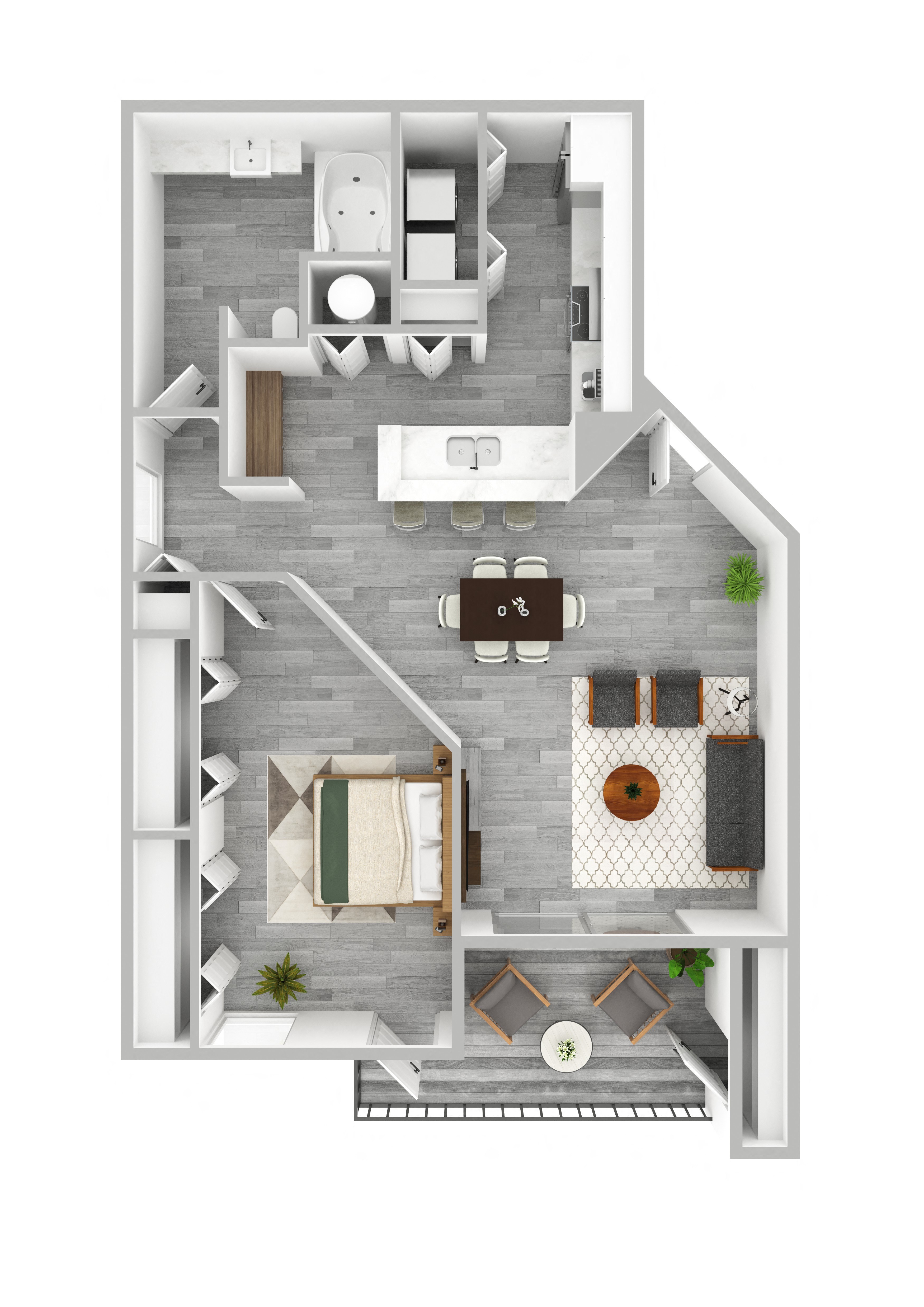 Floor plan for 1 bed, 1 bath, 798 sqft