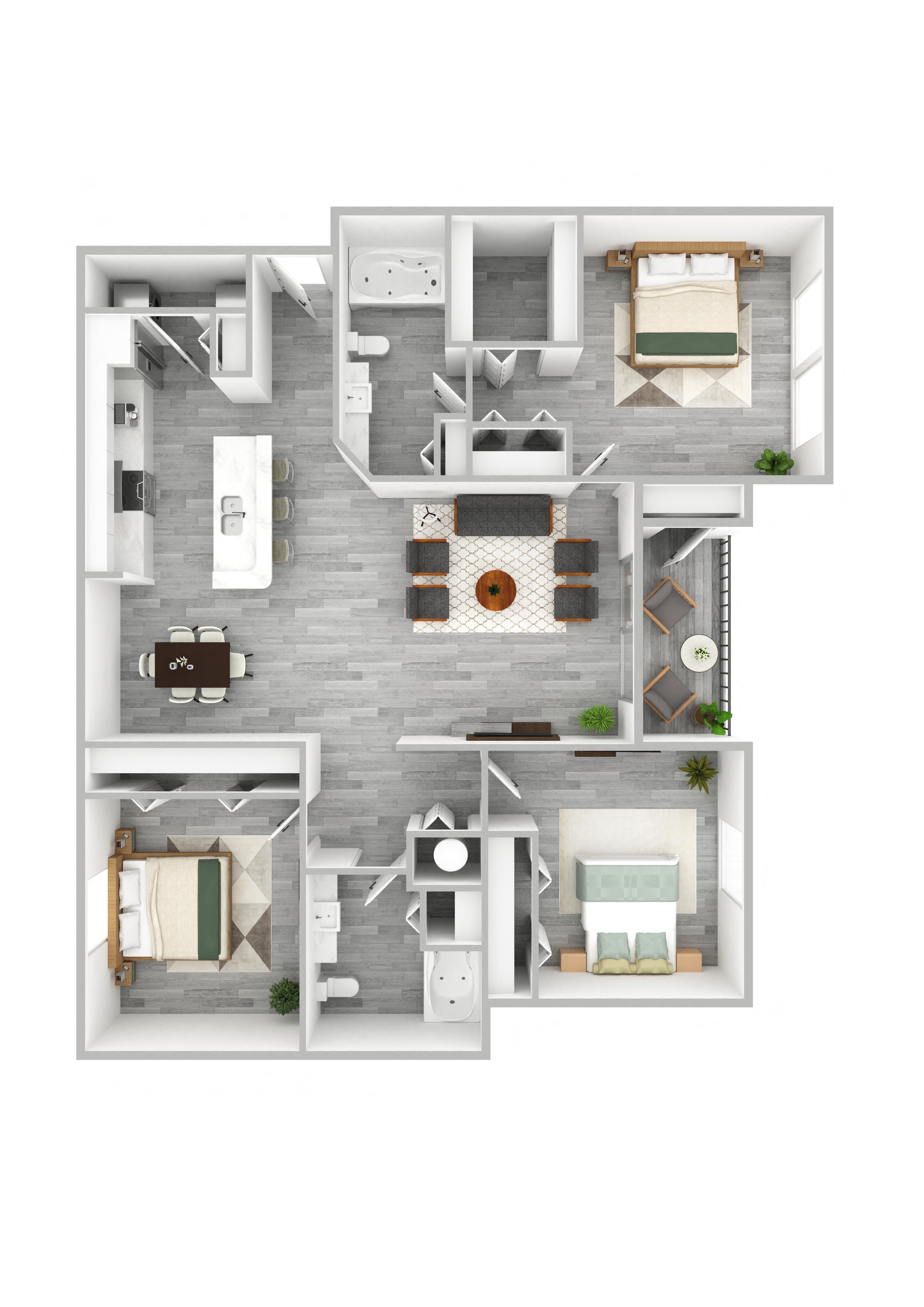 Floor plan for 3 beds, 2 baths, 1276 sqft