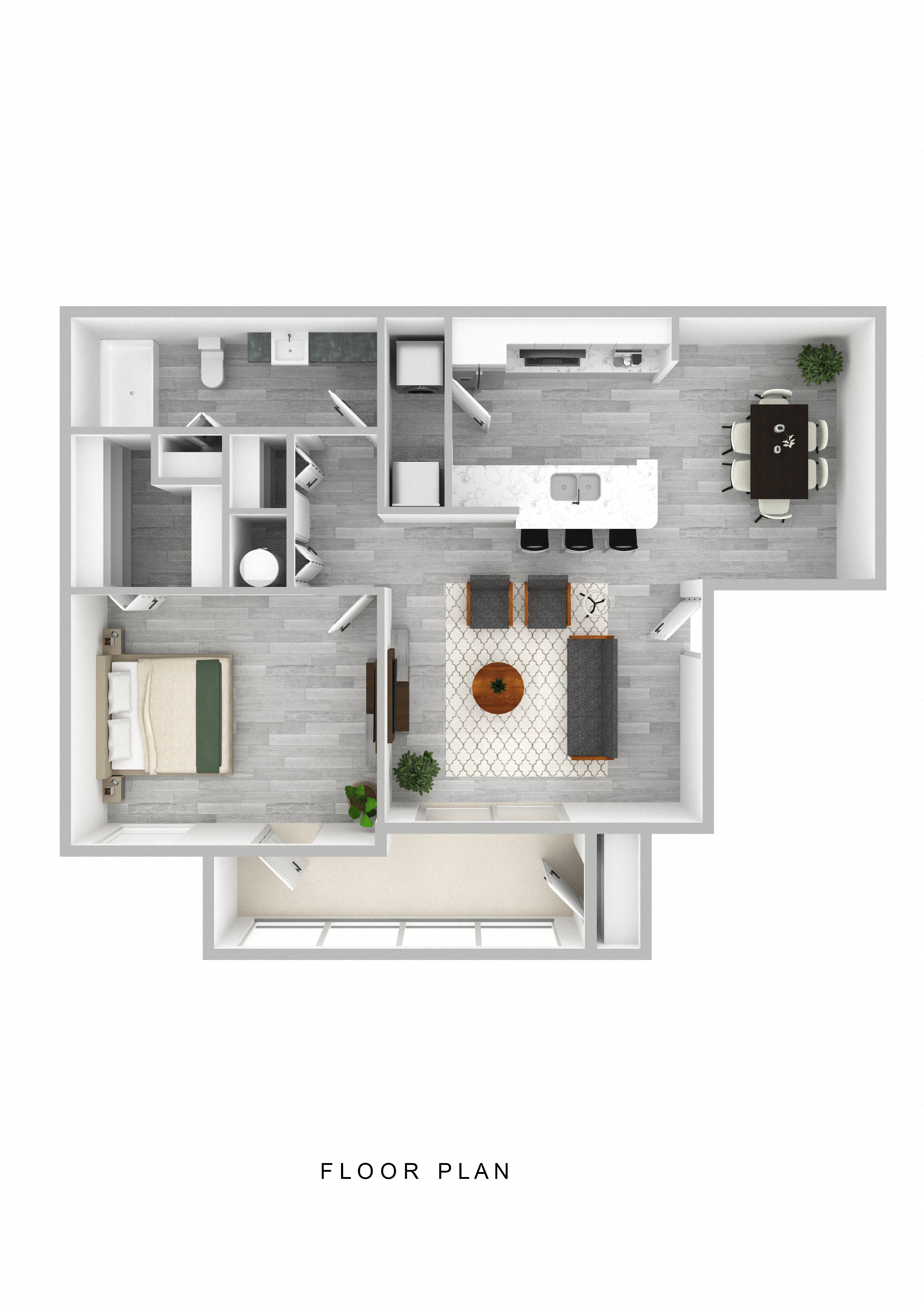 Floor plan for 1 bed, 1 bath, 689 sqft