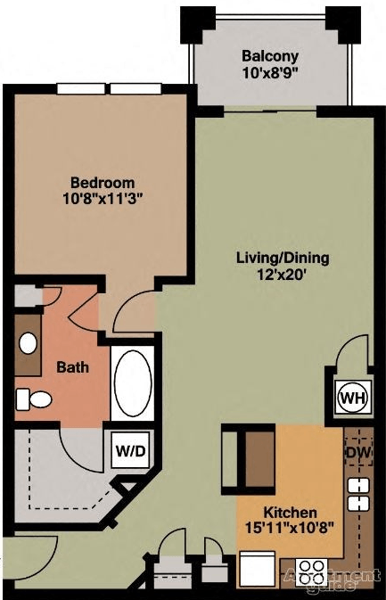 Floor plan for 1 bed, 1 bath, 780 sqft