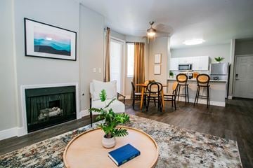 Las Vegas apartment for rent - A living room with a fireplace and a painting on the wall.