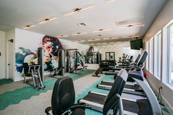 A gym with treadmills, weights, and exercise equipment.