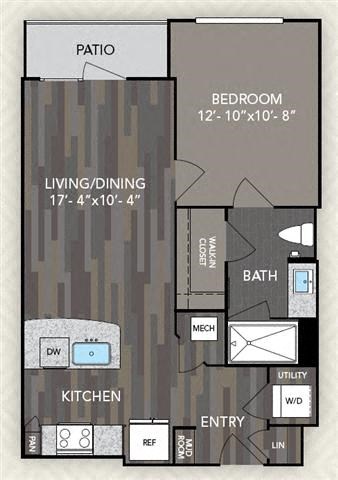 Floor plan for 1 bed, 1 bath, 652 sqft