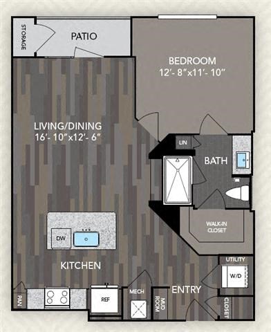 Floor plan for 1 bed, 1 bath, 763 sqft
