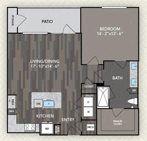 Floor plan for 1 bed, 1 bath, 946 sqft