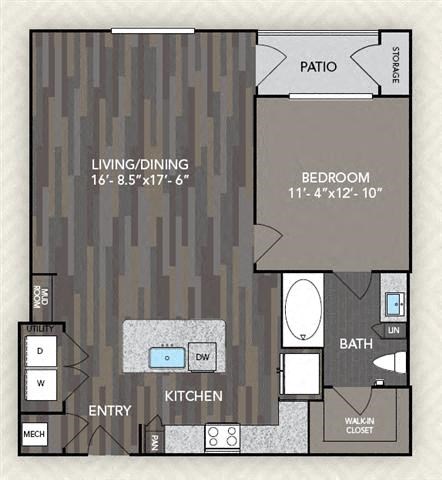 Floor plan for 1 bed, 1 bath, 827 sqft