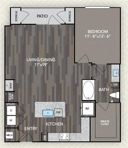 Floor plan for 1 bed, 1 bath, 896 sqft