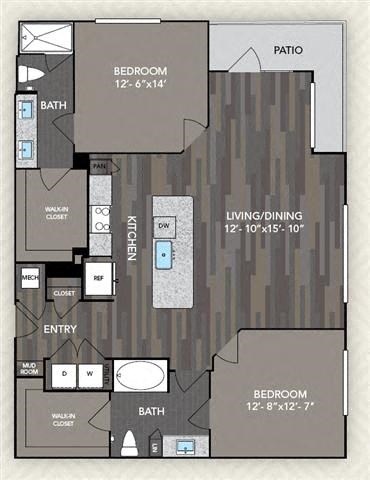 Floor plan for 2 beds, 2 baths, 1185 sqft