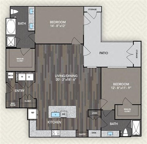 Floor plan for 2 beds, 2 baths, 1398 sqft