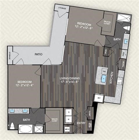 Floor plan for 2 beds, 2 baths, 1341 sqft