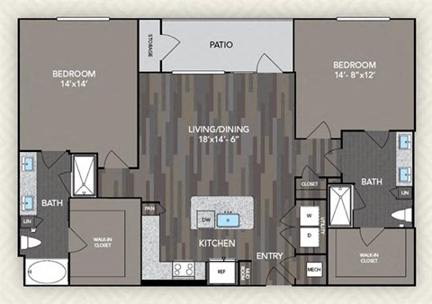 Floor plan for 2 beds, 2 baths, 1318 sqft