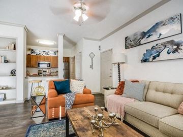 Round Rock apartment for rent - A living room with a brown wooden coffee table and two couches.