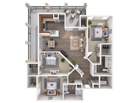 Floor plan for 3 beds, 2 baths, 1364 sqft