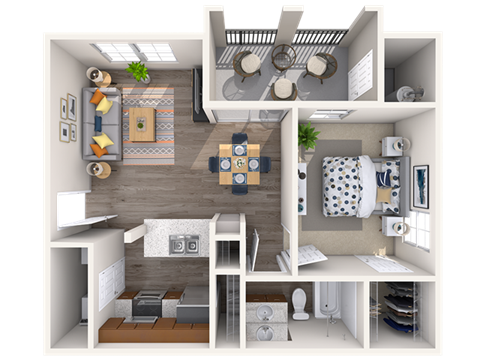 Floor plan for 1 bed, 1 bath, 676 sqft