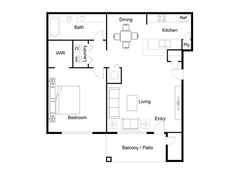 Floor plan for 1 bed, 1 bath, 696 sqft