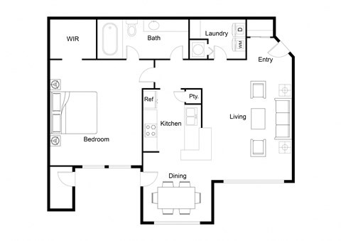 Floor plan for 1 bed, 1 bath, 738 sqft