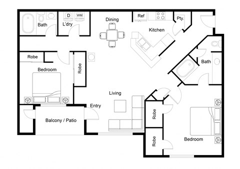 Floor plan for 2 beds, 2 baths, 1214 sqft