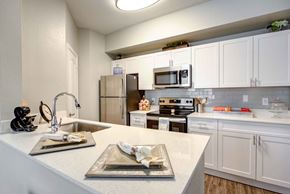 Tampa apartment for rent - Upgraded kitchen with white cabinetry, stainless steel appliances, and a breakfast bar on stone countertops at Tuscany Bay Apartments, Tampa, FL, 33626