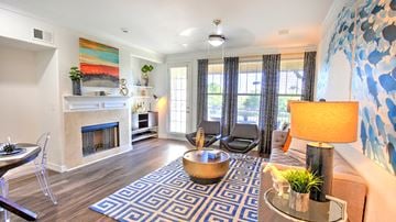 Round Rock townhouse for rent - a living room with a fireplace and a blue and white rug