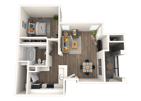 Floor plan for 1 bed, 1 bath, 735 sqft
