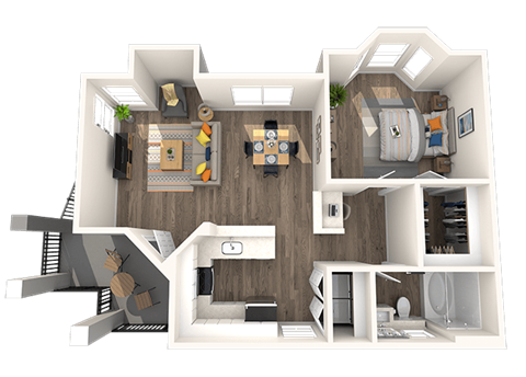 Floor plan for 1 bed, 1 bath, 751 sqft