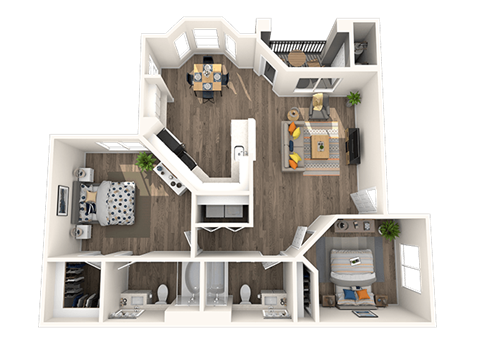 Floor plan for 2 beds, 2 baths, 995 sqft
