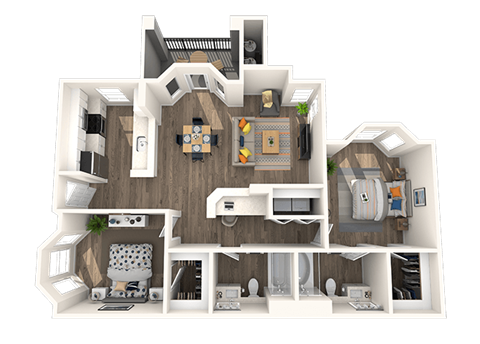 Floor plan for 2 beds, 2 baths, 1034 sqft