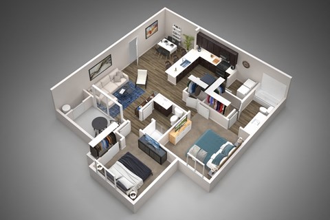 Floor plan for 2 beds, 2 baths, 1001 sqft