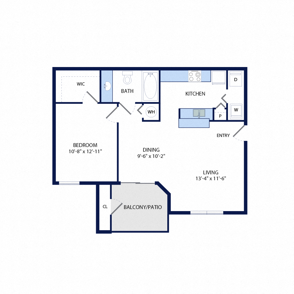 Floor plan for 1 bed, 1 bath, 714 sqft