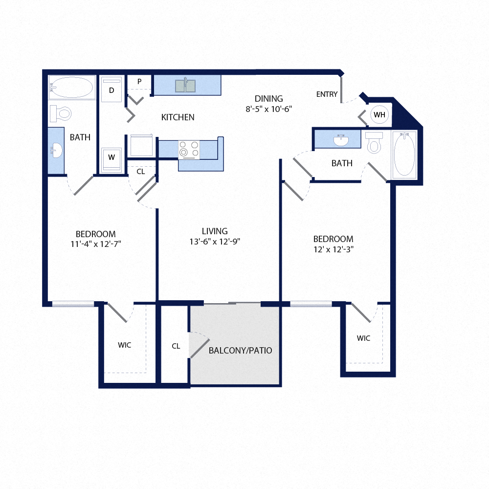 Floor plan for 2 beds, 2 baths, 1001 sqft