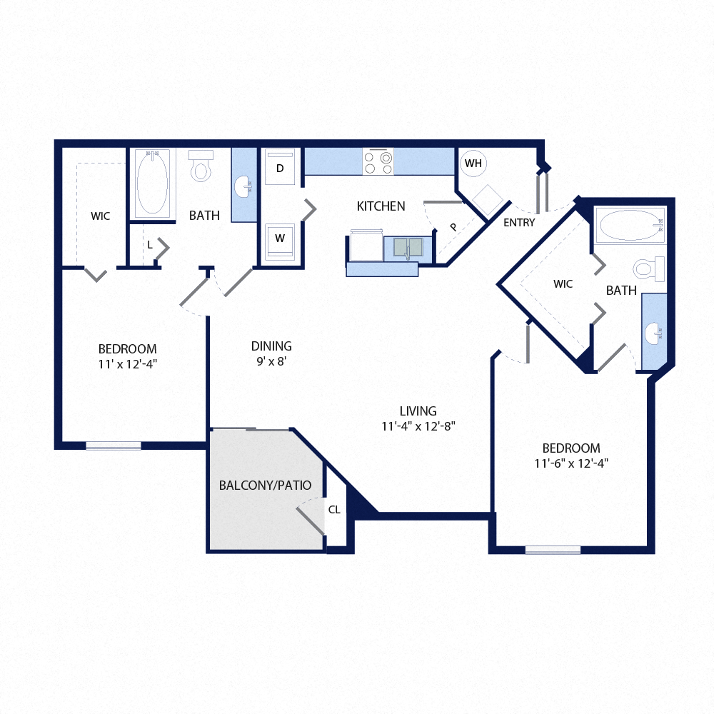 Floor plan for 2 beds, 2 baths, 1097 sqft