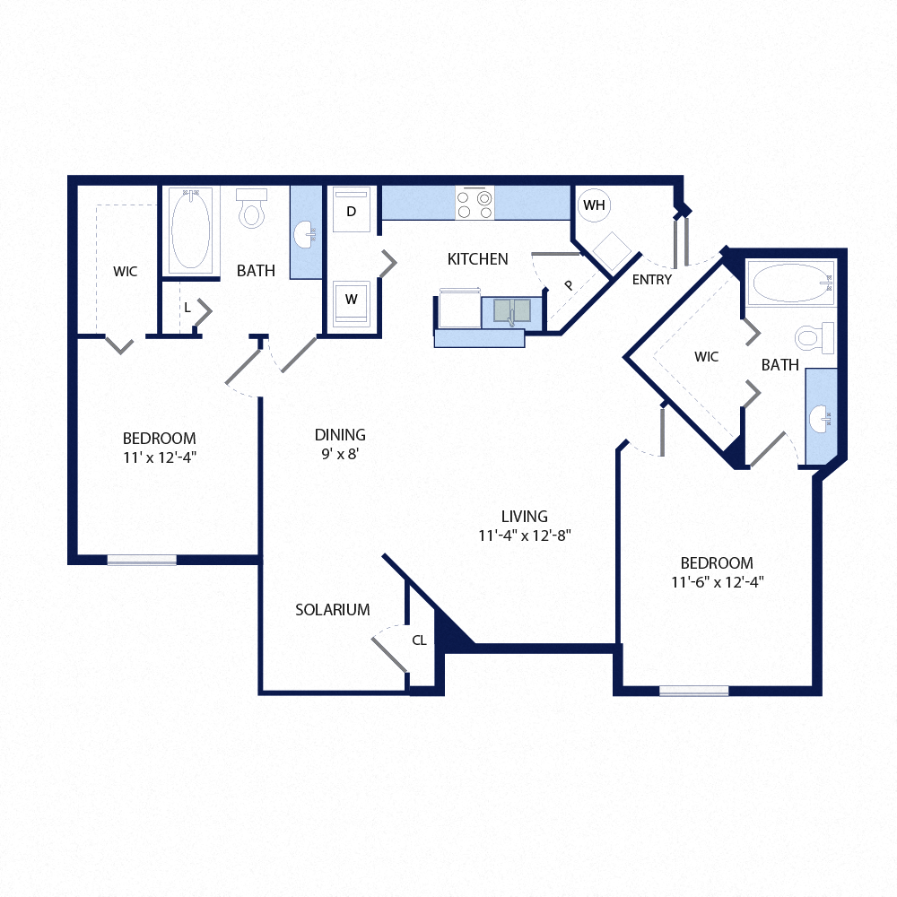 Floor plan for 2 beds, 2 baths, 1182 sqft