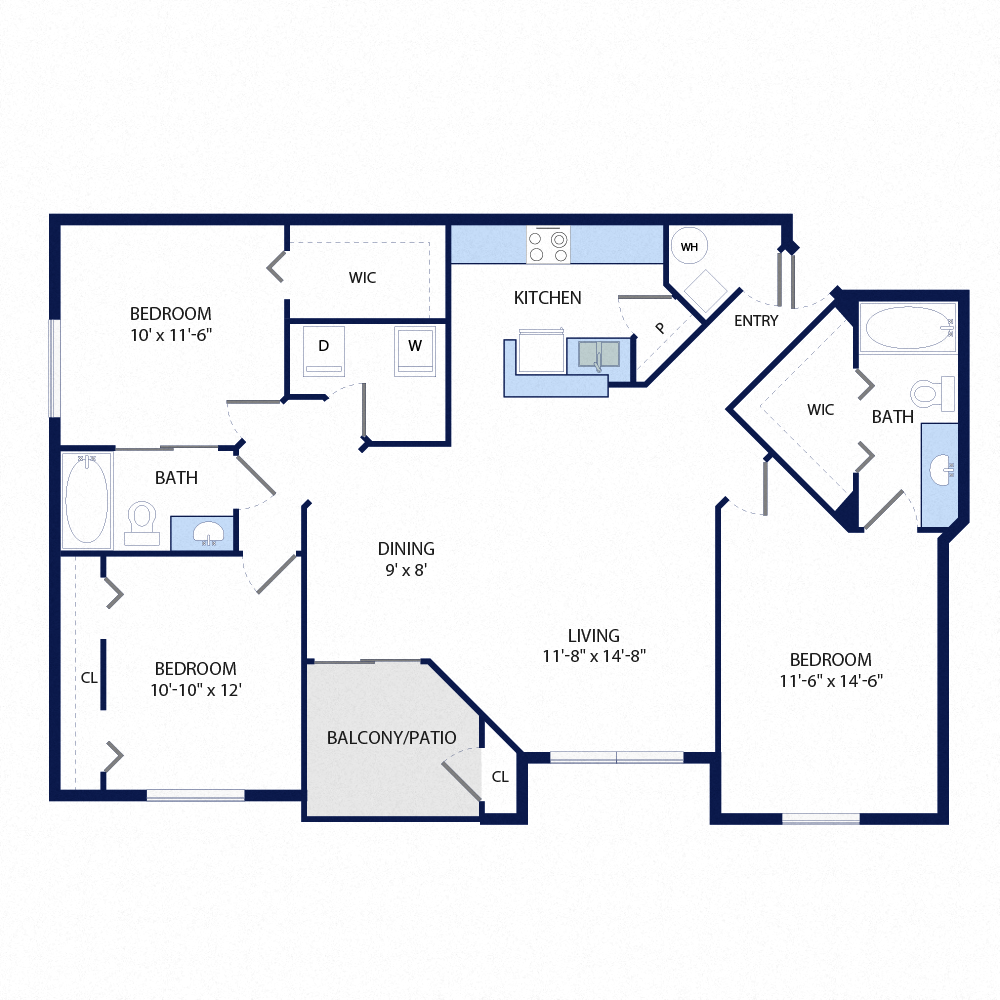 Floor plan for 3 beds, 2 baths, 1344 sqft