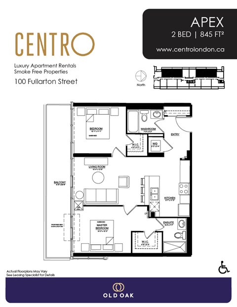 Floor plan for 2 beds, 2 baths, 845 sqft