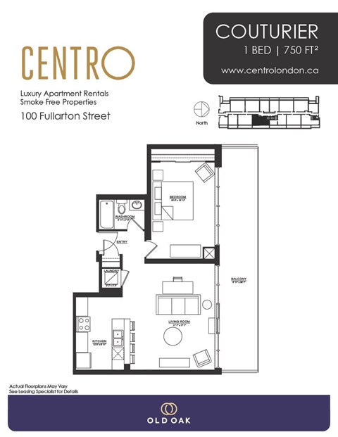 Floor plan for 1 bed, 1 bath, 750 sqft