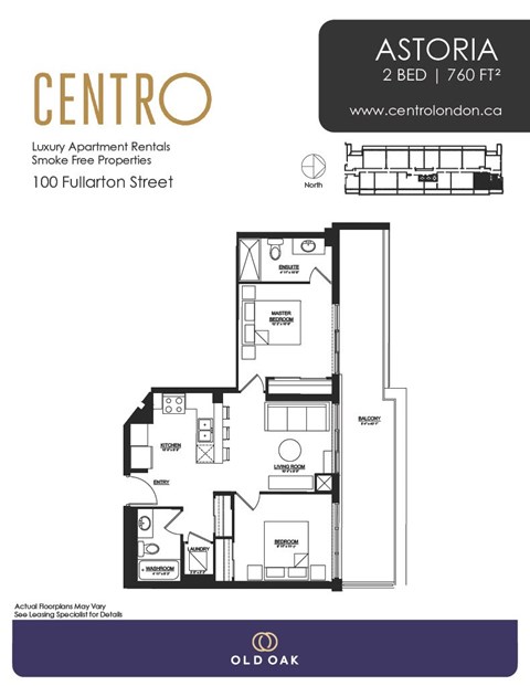 Floor plan for 2 beds, 2 baths, 760 sqft