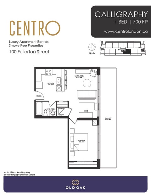 Floor plan for 1 bed, 1 bath, 700 sqft