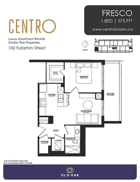 Floor plan for 1 bed, 1 bath, 575 sqft